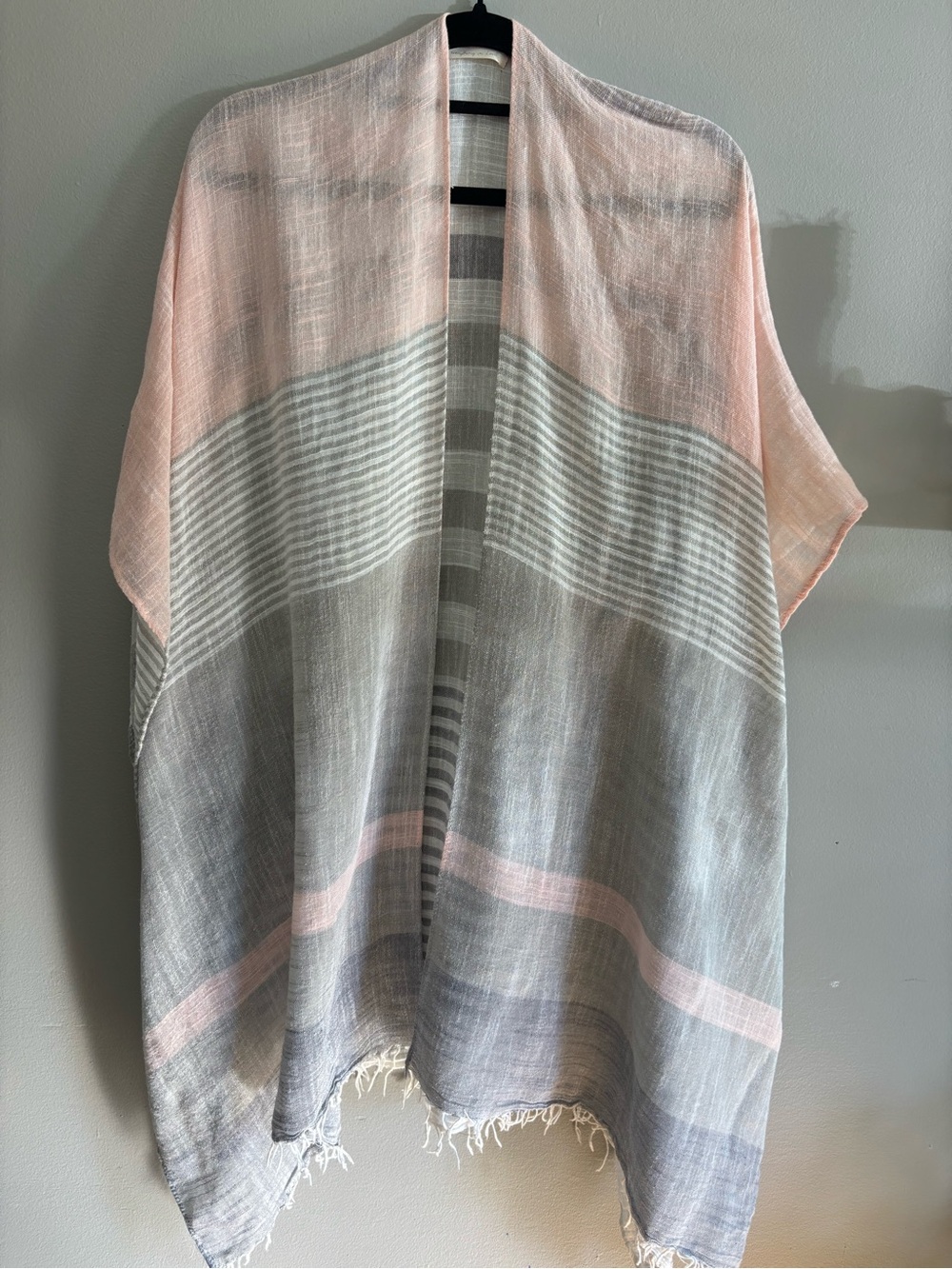 Light Pink and Gray Open-Front Women's Kimono Cardigan